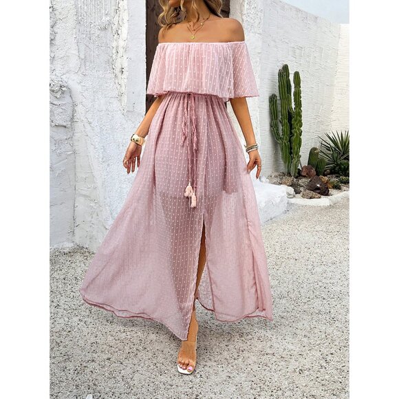 Swiss dot off the shoulder ruffle sheer maxi dress boho pink blush - Picture 1 of 4